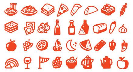 pixel art food. 8-Bit Icon Set. Orange. A bold orange vector collection of various food items like pasta, pizza, and vegetables for a grocery store flyer, a cooking app, restaurant branding element.
