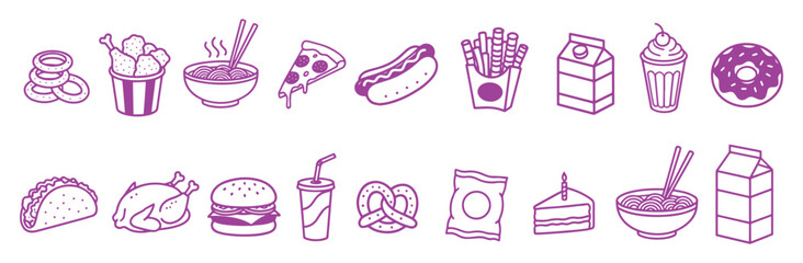Fast Food. 8-Bit Icon Set. Purple. A modern purple vector line art collection of various junk food items like pizza and burgers for a restaurant menu, a food delivery app, or a snack bar logo.