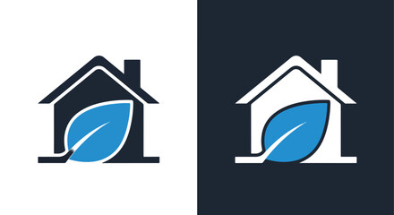 Modern house with leaf logo design - Vector icon symbol for website - Icon vector - Blue icon vector - Line and glyph solid icon and logo template
