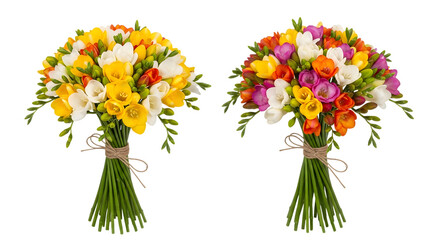 Obraz premium Two vibrant bouquets of freesia flowers in yellow white orange and pink tied with twine isolated on a transparent background