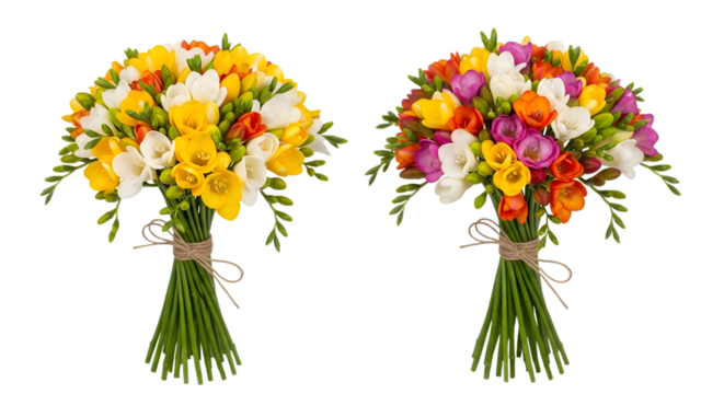 Two vibrant bouquets of freesia flowers in yellow white orange and pink tied with twine isolated on a transparent background