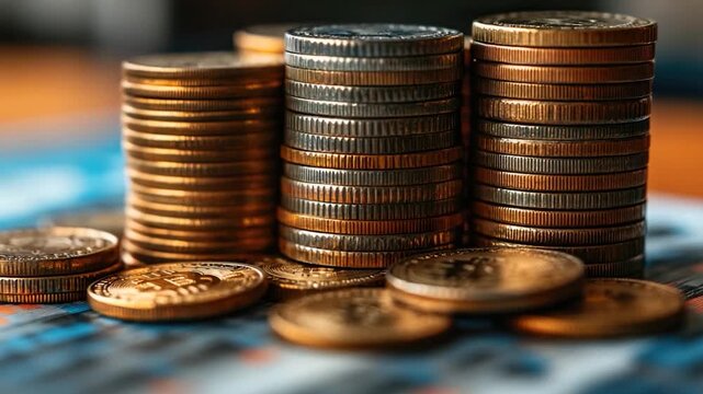 A stack of coins resting on a table surface, suitable for financial or economic themes