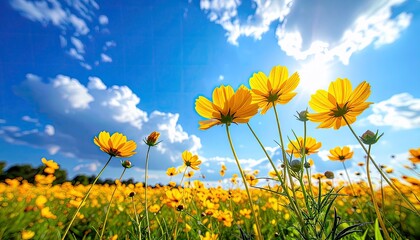 A field of yellow cosmos flowers in full bloom under a bright blue sky with scattered white clouds and the sun shining.