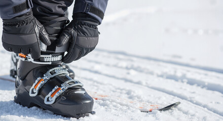 Skier adjusting bindings on ski boots while standing on snow