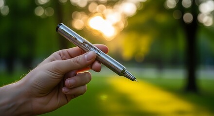 Modern acupuncture pen in hand against sunlit nature backdrop for wellness promotion