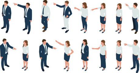 Isometric illustration of business people in argument and discussion poses showing disagreement, leadership communication and teamwork conflict in workplace