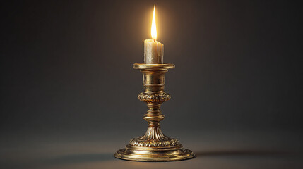 A lone candle burning brightly in an ornate golden candlestick, casting a warm glow