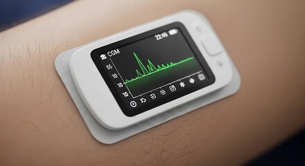Continuous glucose monitor on arm shows real-time blood sugar levels for diabetic care