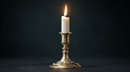 A softly lit candle sitting in a classic holder, with a dark background. The scene conveys a sense of tranquility and introspection