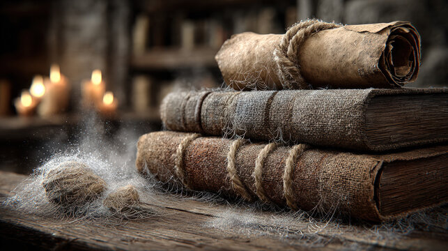 Stack of ancient dusty books and scrolls on a wooden table in a dimly lit room with cobwebs, evoking mystery, history, and forgotten knowledge.
