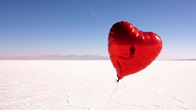 Minimalist Red Heart Balloon &mdash; Foil Balloon Swaying on Vast White Salt Flat