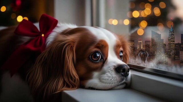 Blenheim Cavalier King Charles Spaniel with large red satin bow on head resting chin on windowsill looking out at blurred night city lights and Christmas decorations, warm indoor glow reflecting on gl