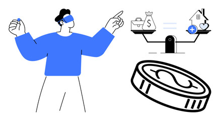Financial decision-making concept. Balancing money and priorities featured with scales, coin, and man in virtual setting. Financial planning for wealth, fintech, budgeting. Great for economics