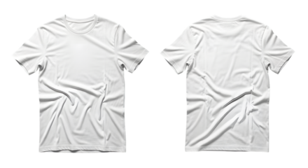Two white short sleeve t-shirts shown front and back with fabric folds isolated on a transparent background