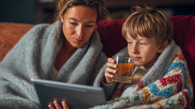 Sick boy wrapped in blanket drinking tea and looking at tablet with mom