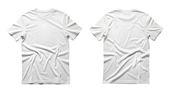 Two white short sleeve t-shirts shown front and back with fabric folds isolated on a transparent background