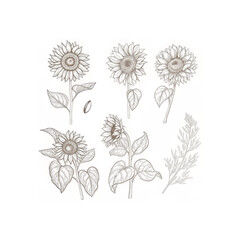Vector sunflowers and autumn leaves illustrations set in line art style graphic monochrome drawing hand drawn floral outline sketch engraved illustration for coloring book tattoo logo icon
