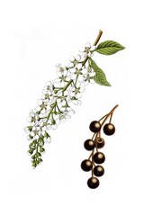 Gewoehnliche Traubenkirsche, Prunus padus, auch Ahlkirsche, Sumpfkirsche oder Elsenkirsche, Heil- und Nutzpflanze