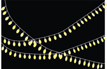 Shiny garland outlines the New Year banner. Circle of light forms a magical border. Soft yellow bulbs hang on a thread. Twilight glow fills joyful evening sky