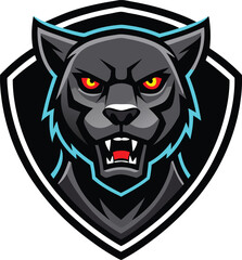 Fierce black panther head emblem with glowing eyes isolated on white background