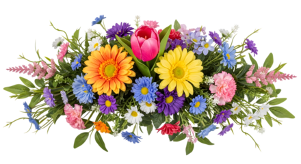 Vibrant assortment of colorful artificial flowers including gerbera daisies and a tulip isolated on a transparent background
