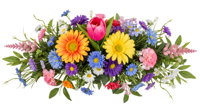 Vibrant assortment of colorful artificial flowers including gerbera daisies and a tulip isolated on a transparent background