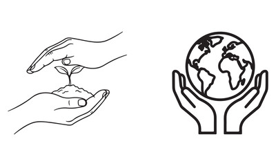 Ecology and Conservation Icon Set: Earth Day Graphics, Recycling Symbols, Hand-Held Sprouts, and Green Urban Life Line Art