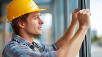 Hispanic construction worker installing windows defocused building expertise, faceless precision work, installation visualization detail, blurred construction background, professio