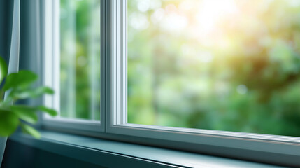 Modern energy-efficient window installation enhancing defocused exterior style, faceless contemporary home, functionality visualization detail, blurred landscaping background, vibr