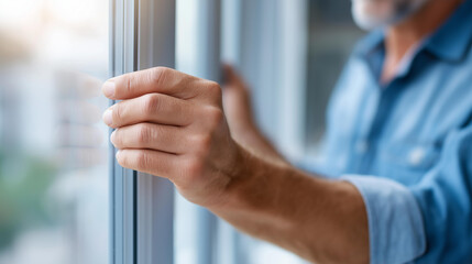 Obraz premium Man hands putting plastic window defocused installation, faceless fitting process, window visualization detail, blurred construction background, installation concept, residential i