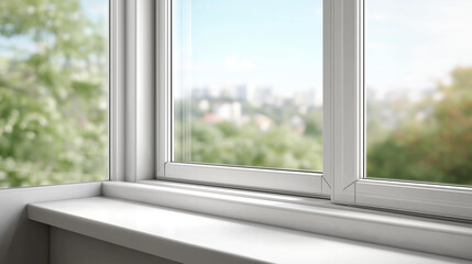 Fototapeta premium Modern residential window installation design defocused interior construction, faceless home renovation, contemporary visualization detail, blurred frame background, professional c