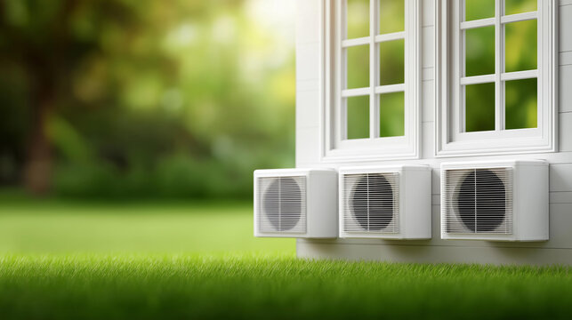 Three air conditioning units mounted outside defocused house windows, faceless exterior equipment, HVAC visualization detail, blurred green lawn background, cooling system concept,