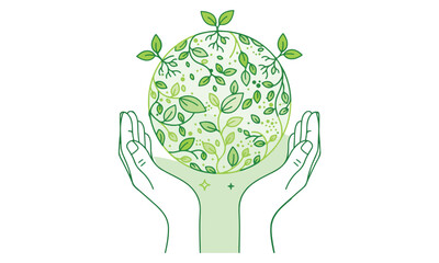 Ecology and Conservation Icon Set: Earth Day Graphics, Recycling Symbols, Hand-Held Sprouts, and Green Urban Life Line Art