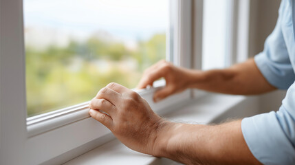 Specialist adjusting window frame during defocused installation alignment, faceless careful work, frame visualization detail, blurred construction background, precision concept, in