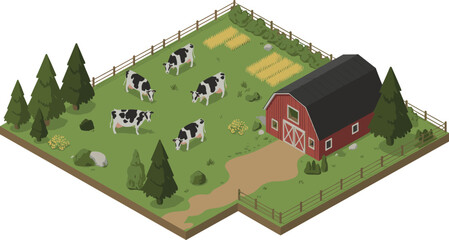 Naklejka premium Isometric illustration of dairy farm scene with cows grazing near red barn