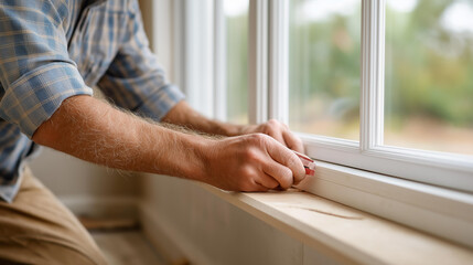 Home improvement handyman installing window defocused sill attic, faceless construction work, leveler visualization detail, blurred new build background, leveling concept, installa