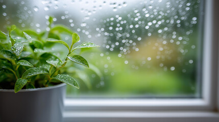 Selective focus condensation on PVC defocused window houseplant, faceless humidity concept, moisture visualization detail, blurred white plastic background, indoor plants concept,
