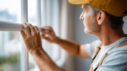 Professional handyman installing window at defocused home interior, faceless contractor work, fitting visualization detail, blurred residential background, home improvement concept