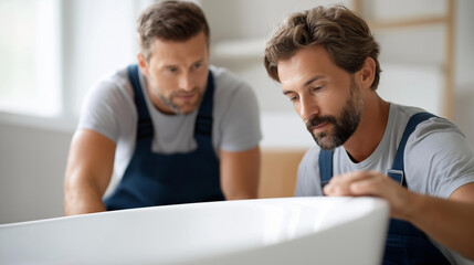 Two male workers carefully installing defocused white bathtub, faceless bathroom renovation, plumbing visualization detail, blurred framed background, home project concept, install