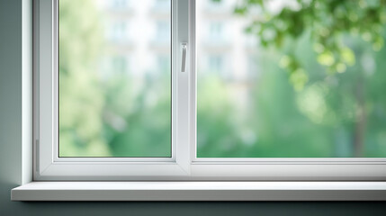 Fototapeta premium Closed PVC window in room defocused apartment modern, faceless vinyl installation, white frame visualization detail, blurred green view background, advertising concept, insulated i