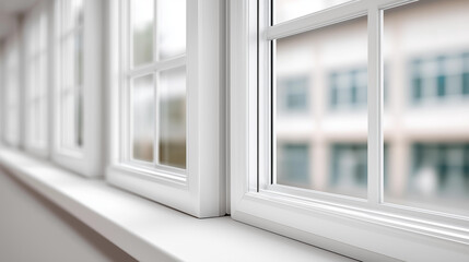 Three panel aluminum casement window defocused white wall, faceless window display, installation visualization detail, blurred clean background, modern window concept, residential
