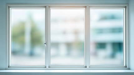 Three panel aluminum casement window defocused white wall, faceless window display, installation visualization detail, blurred clean background, modern window concept, residential