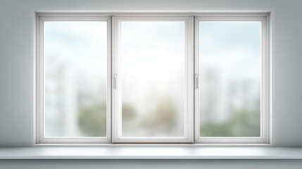 Three panel aluminum casement window defocused white wall, faceless window display, installation visualization detail, blurred clean background, modern window concept, residential