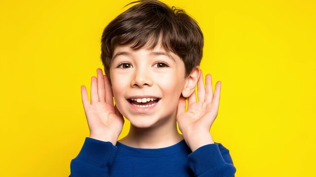 Surprised little boy listening with hands to ears on yellow background