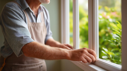 Window fitter removing old windows defocused preparation, faceless removal process, demolition visualization detail, blurred construction background, replacement concept, preparati