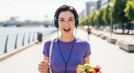 Happy young woman listening to music on headphones while holding a bowl of fresh fruit. Cheerful person walking outdoors in a city park. Healthy lifestyle and wellness concept
