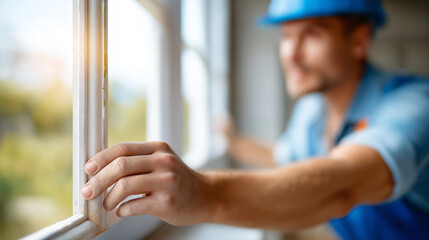 Window fitter removing old windows defocused preparation, faceless removal process, demolition visualization detail, blurred construction background, replacement concept, preparati