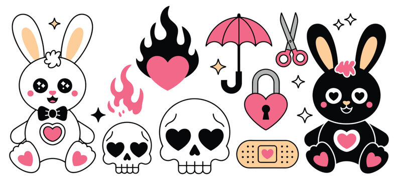 Kawaii emo girl sticker pack, 2000s Y2K 90s style, bright pink and black color scheme, digital illustrations, cute and edgy aesthetic, vector graphics for apps, websites, social media, and creative 