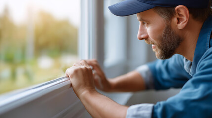 Worker applying sealant to window defocused frame caulking, faceless weatherproofing work, home improvement visualization detail, blurred project background, sealing concept, insta