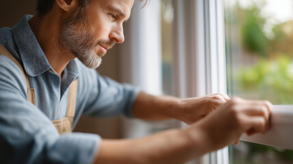Professional handyman installing window at defocused home interior, faceless contractor work, fitting visualization detail, blurred residential background, home improvement concept